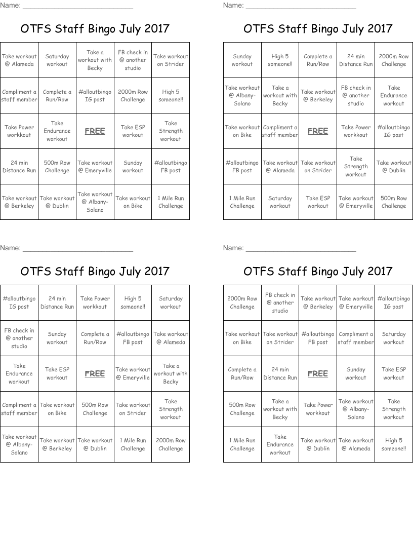 OTFS Staff Bingo July 2017 