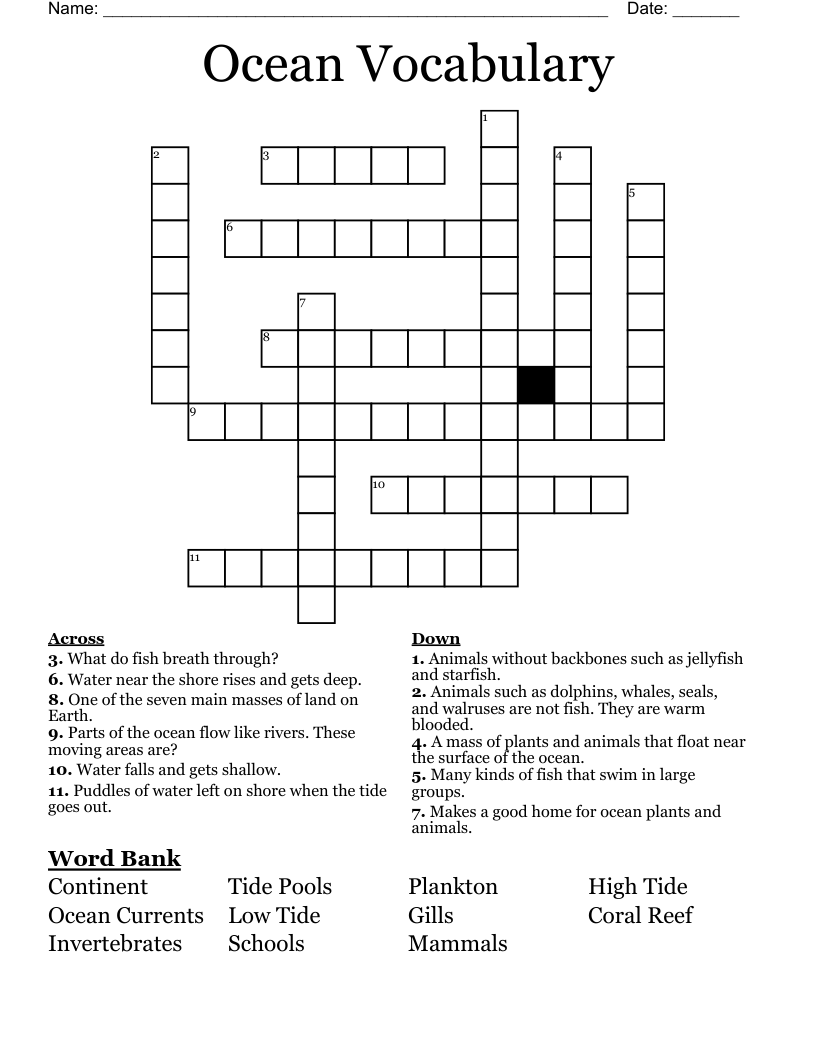 Ocean Vocabulary Crossword