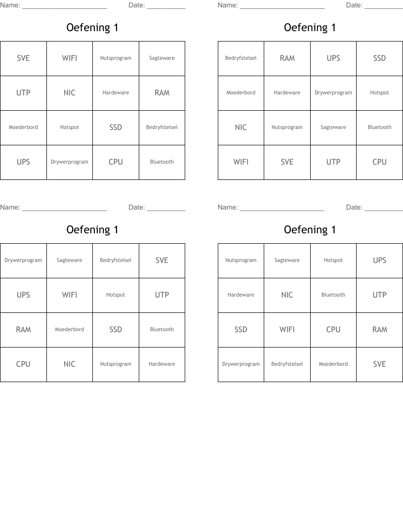 Oefening 1 Bingo Cards