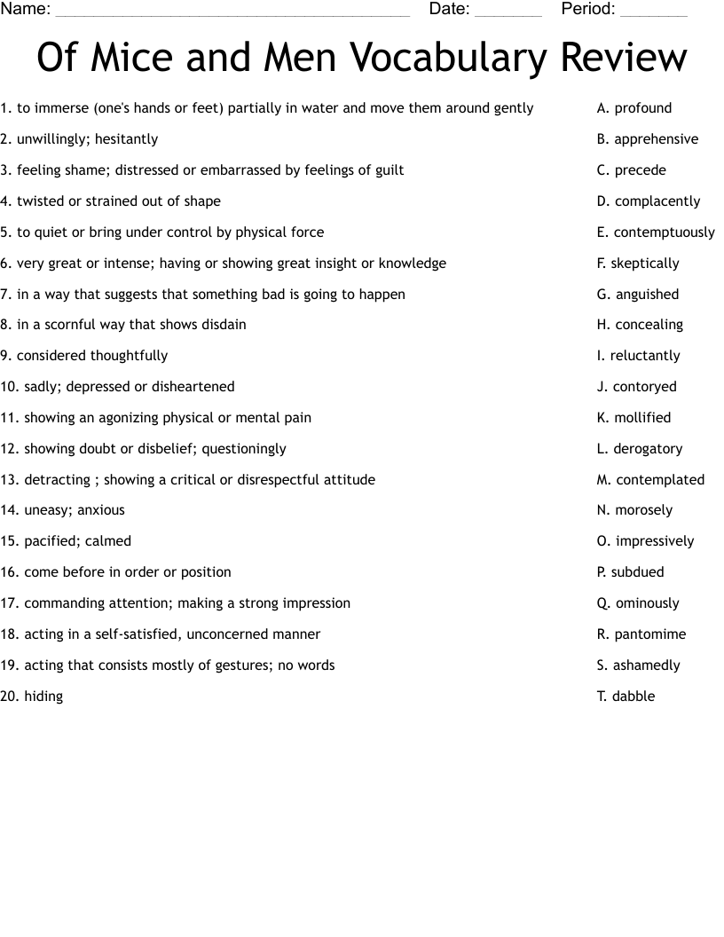Of Mice And Men Vocabulary Review Worksheet WordMint