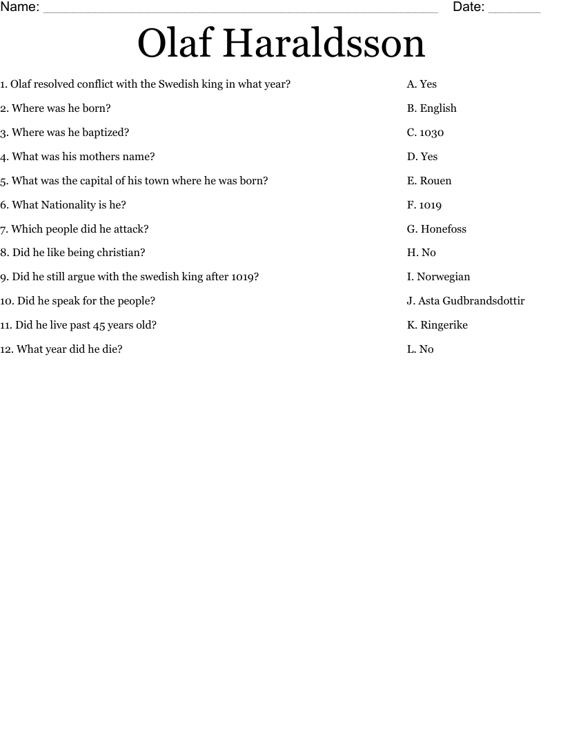 Olaf Haraldsson Worksheet