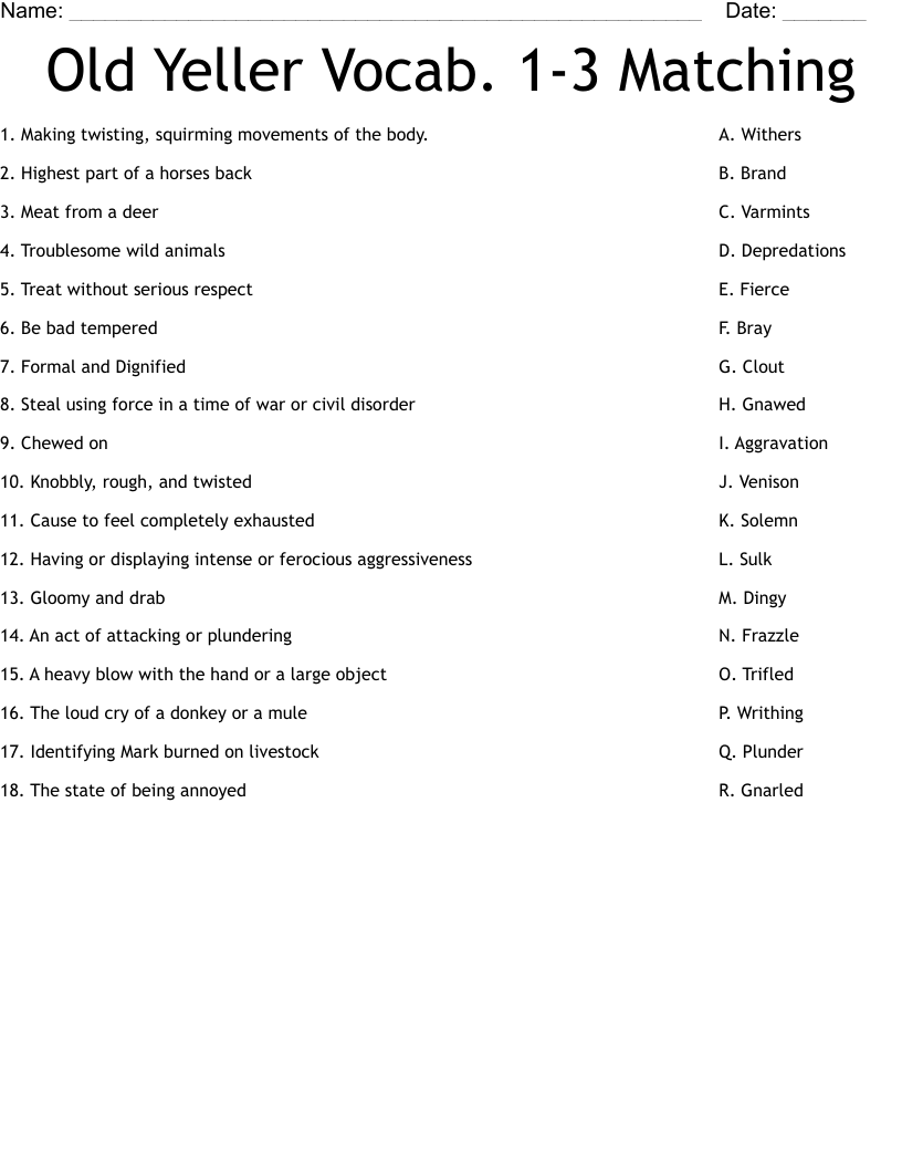 Old Yeller Vocab. 1-3 Matching Worksheet - WordMint