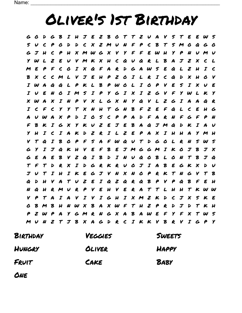 Oliver's 1st Birthday  Word Search