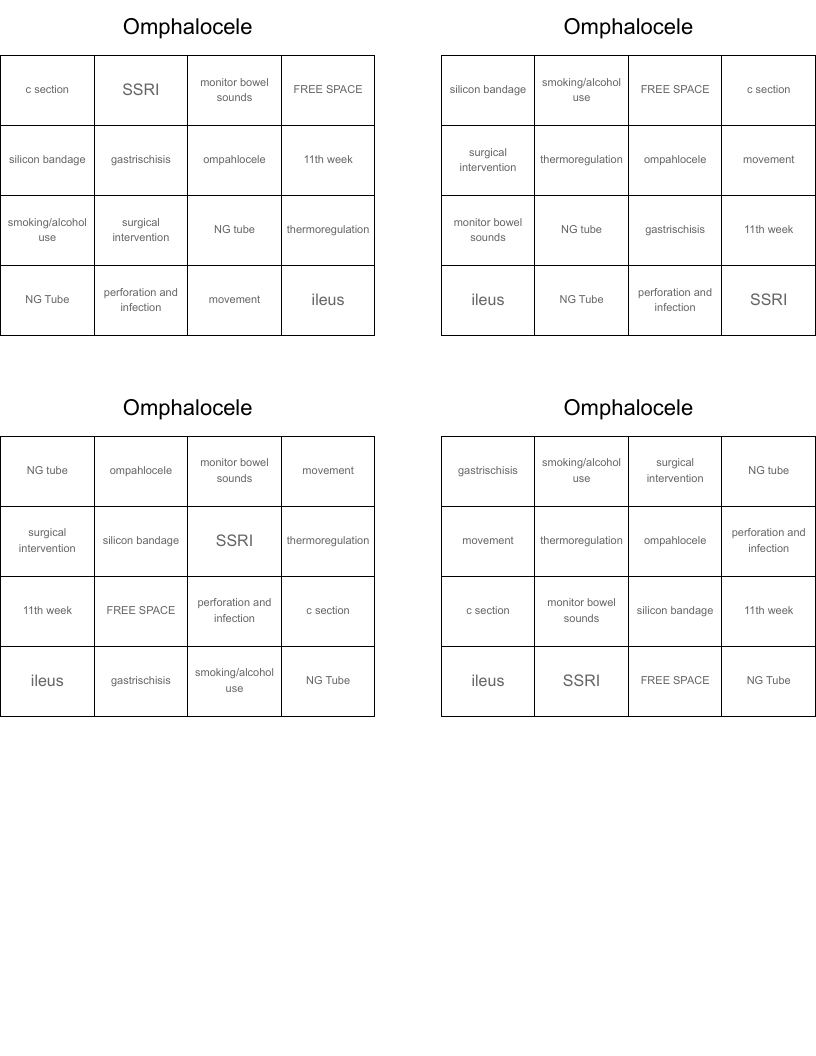 Omphalocele Bingo Cards
