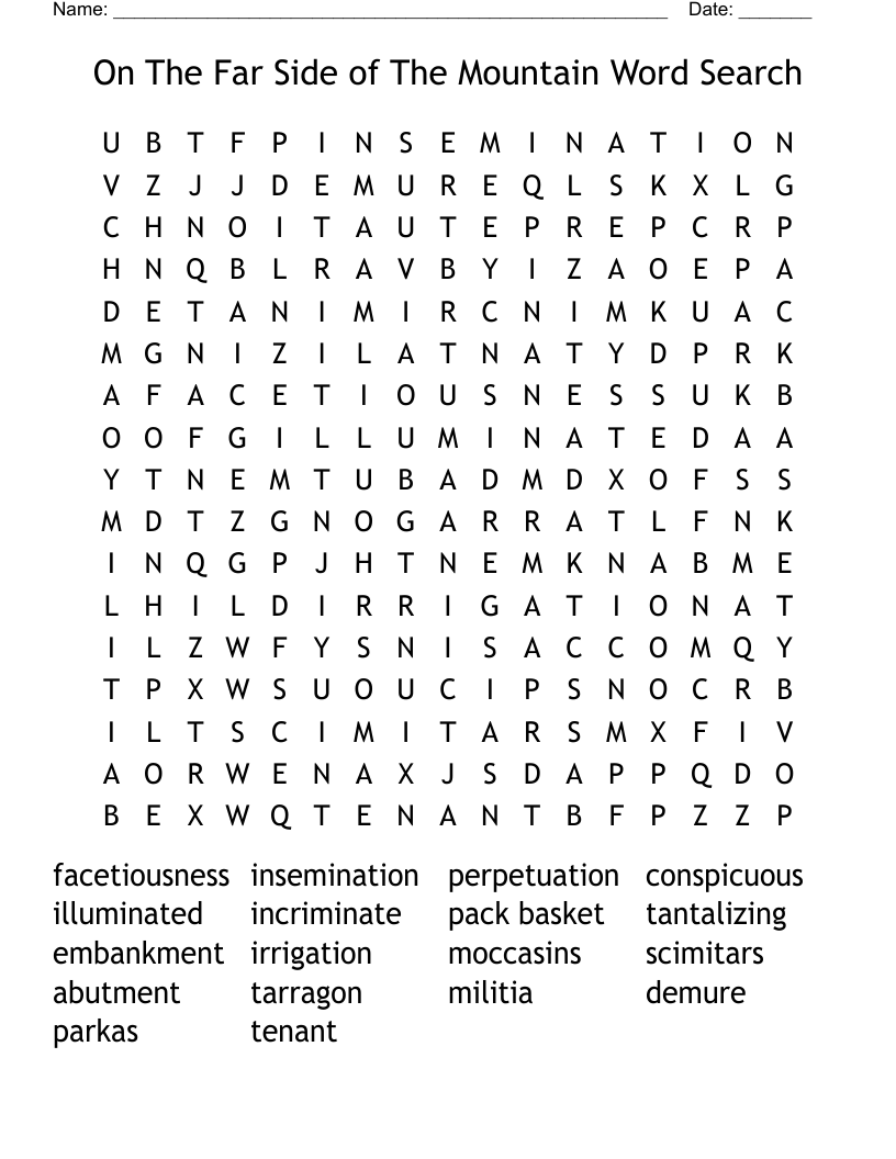 On The Far Side of The Mountain Word Search