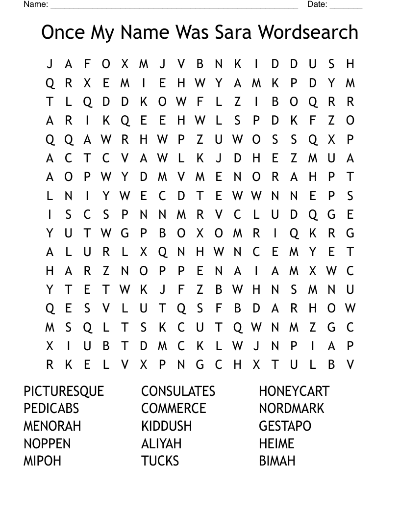 Once My Name Was Sara Wordsearch