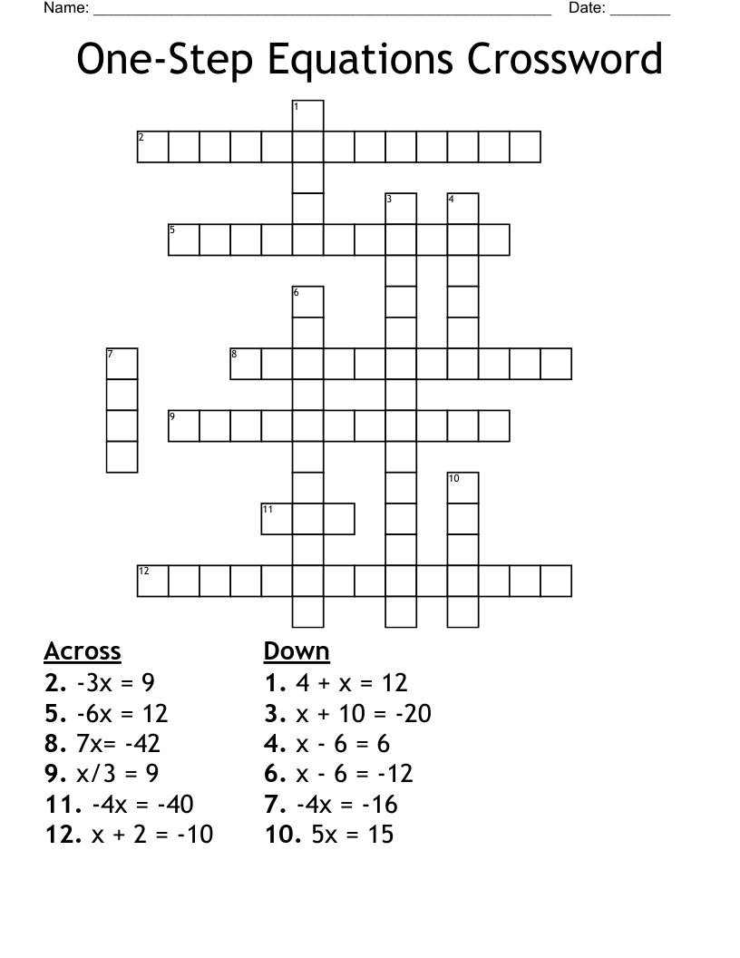 One-Step Equations Crossword - WordMint