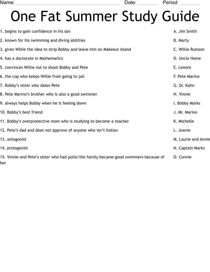 One Fat Summer Study Guide Worksheet WordMint