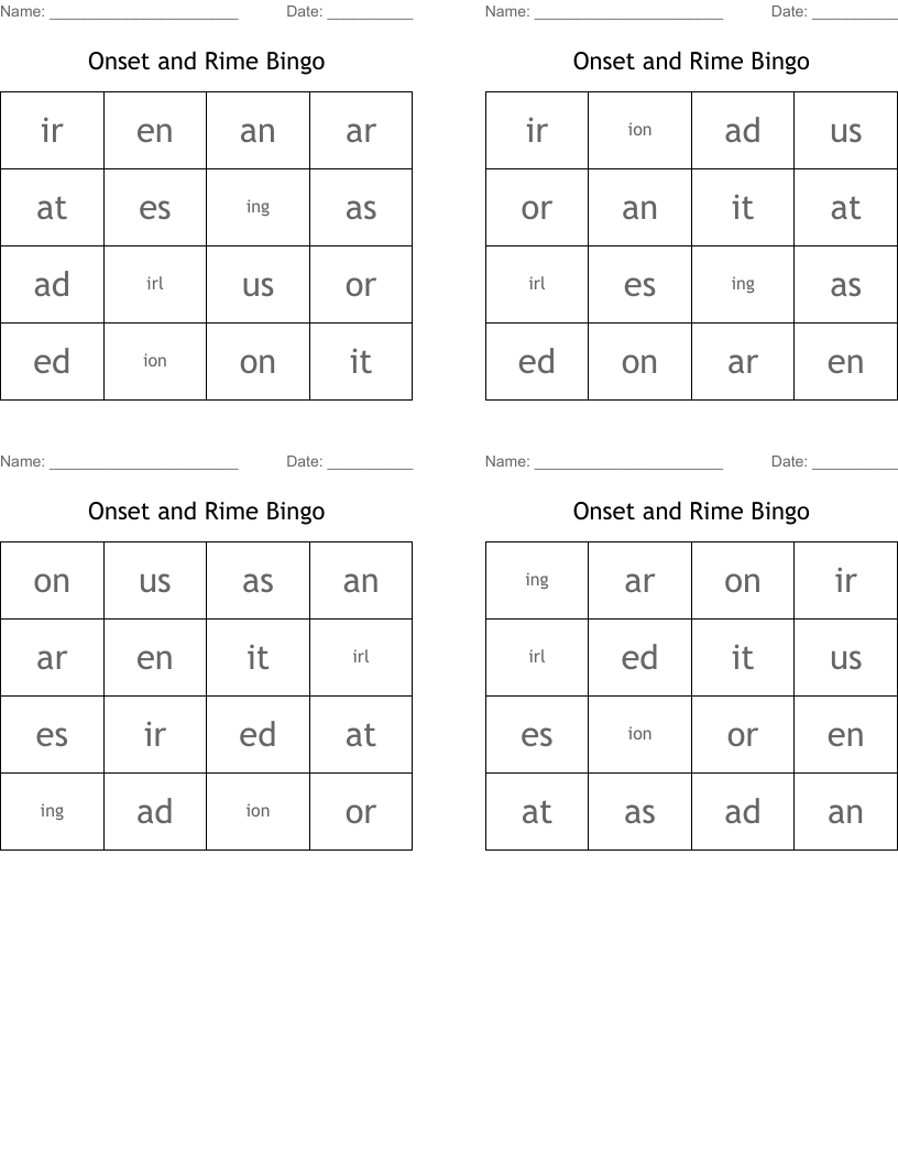 Onset and Rime Bingo