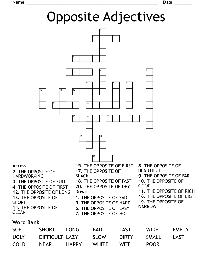 Opposite Adjectives Crossword WordMint