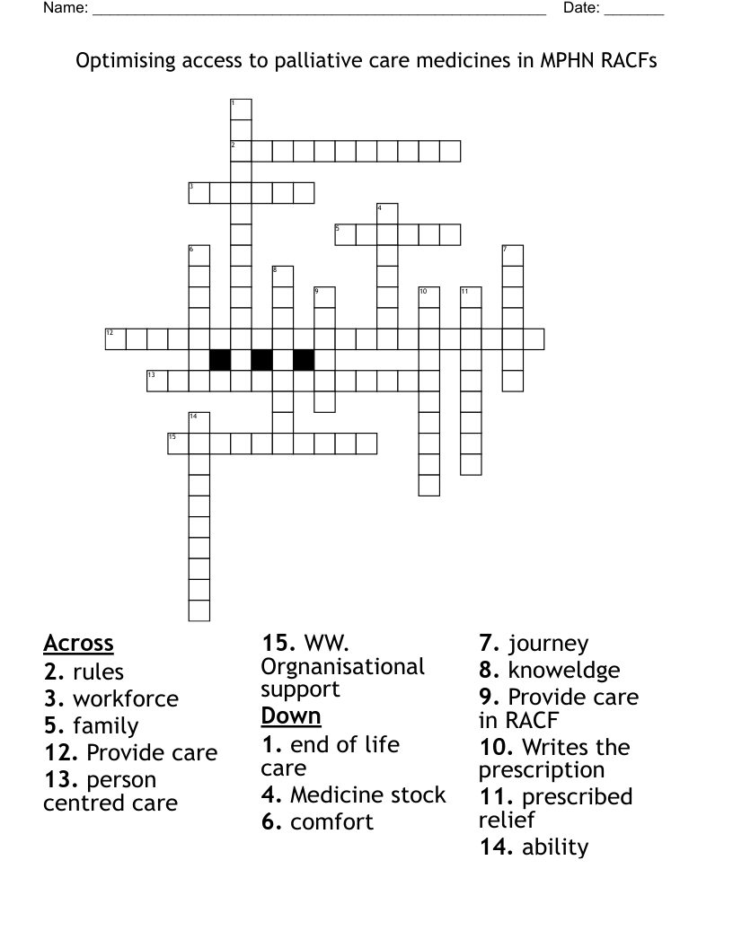 Optimising access to palliative care medicines in MPHN RACFs Crossword