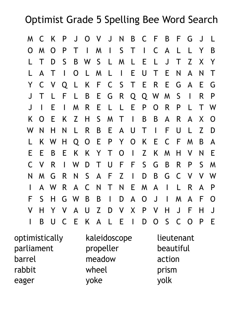 Optimist Grade 5 Spelling Bee Word Search