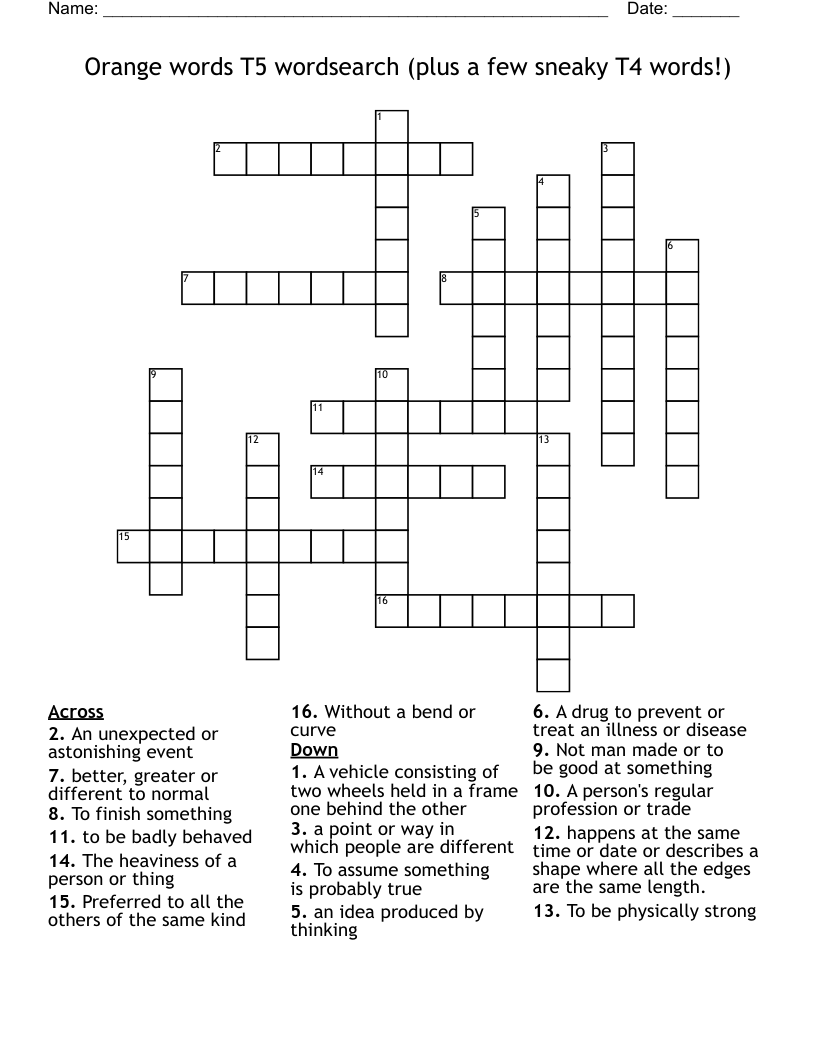 Orange words T5 wordsearch (plus a few sneaky T4 words!) Crossword
