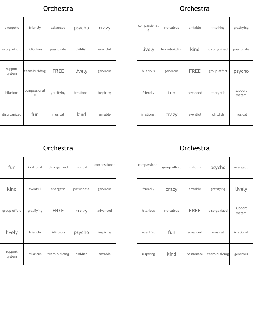 Orchestra Bingo Cards