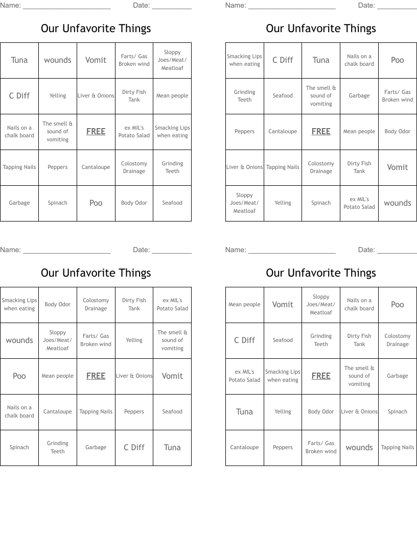 Our Unfavorite Things Bingo Cards