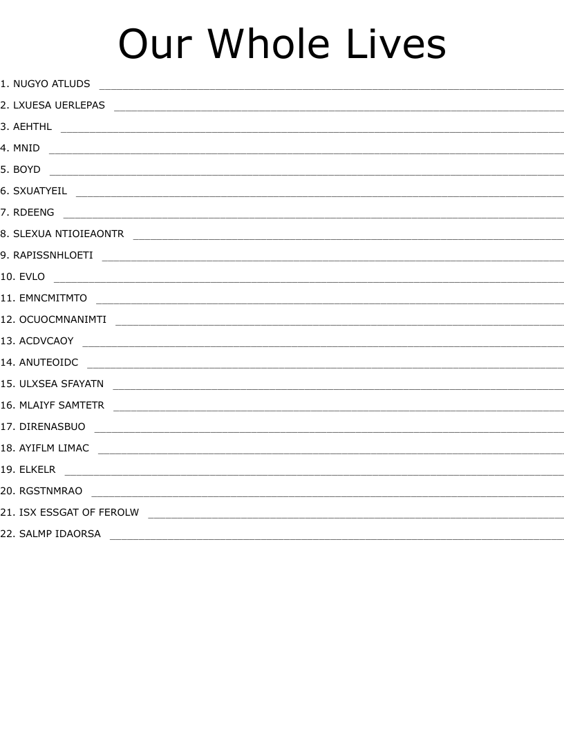Our Whole Lives Word Scramble