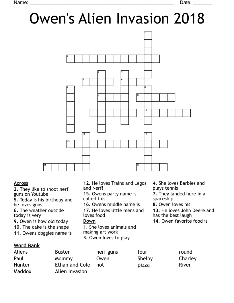 Owen's Alien Invasion 2018 Crossword