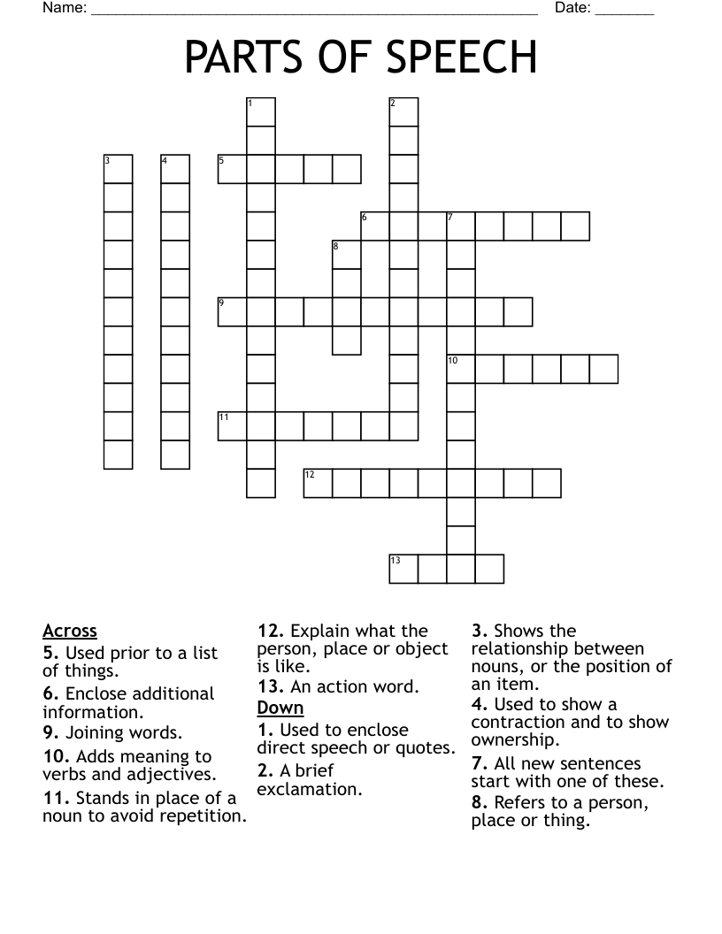 Parts Of Speech Crossword Puzzle WordMint
