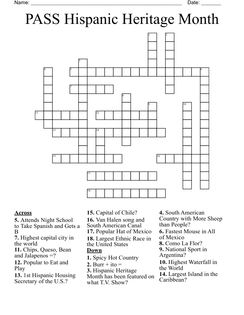 PASS Hispanic Heritage Month Crossword WordMint
