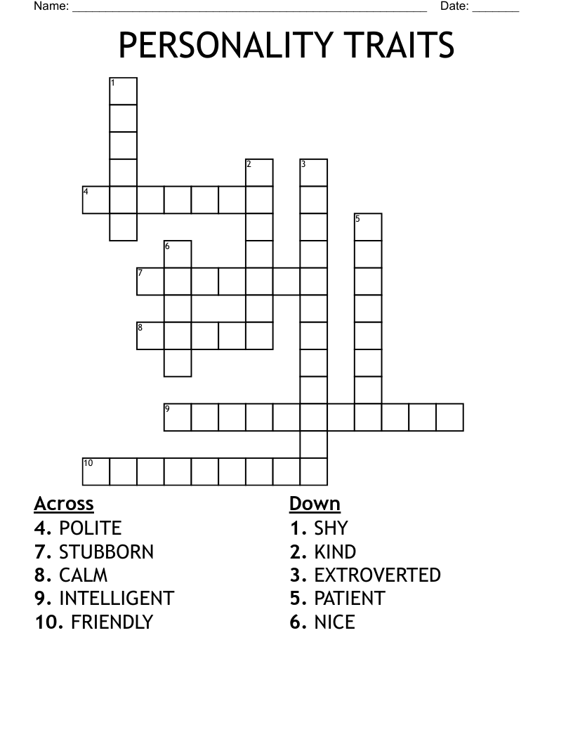 PERSONALITY TRAITS Crossword WordMint