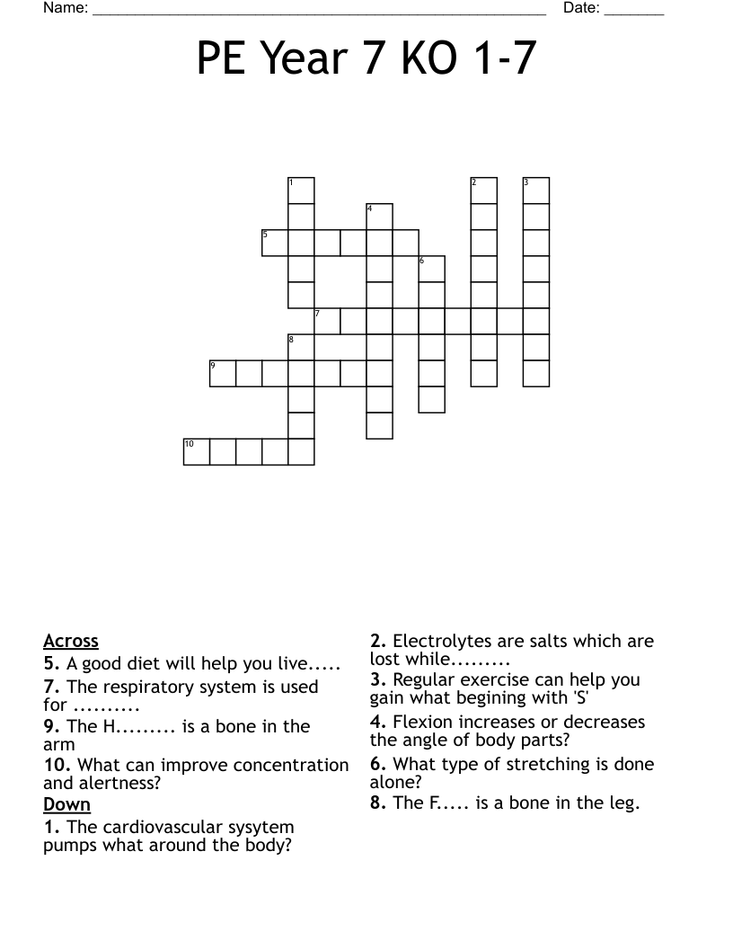 PE Year 7 KO 1-7 Crossword