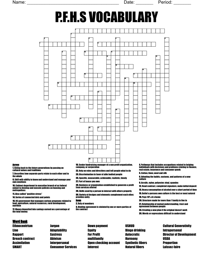 P.F.H.S VOCABULARY  Crossword