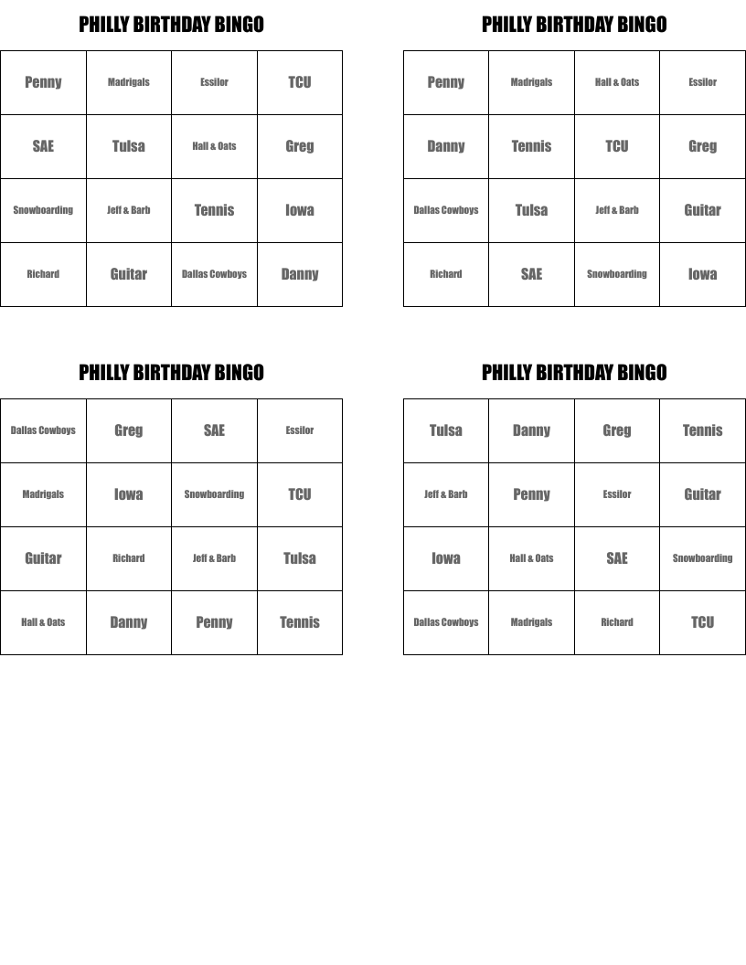 PHILLY BIRTHDAY BINGO