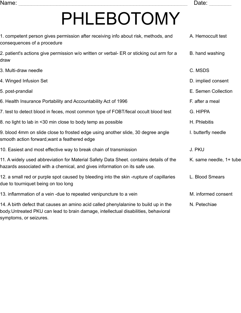 PHLEBOTOMY Worksheet - WordMint