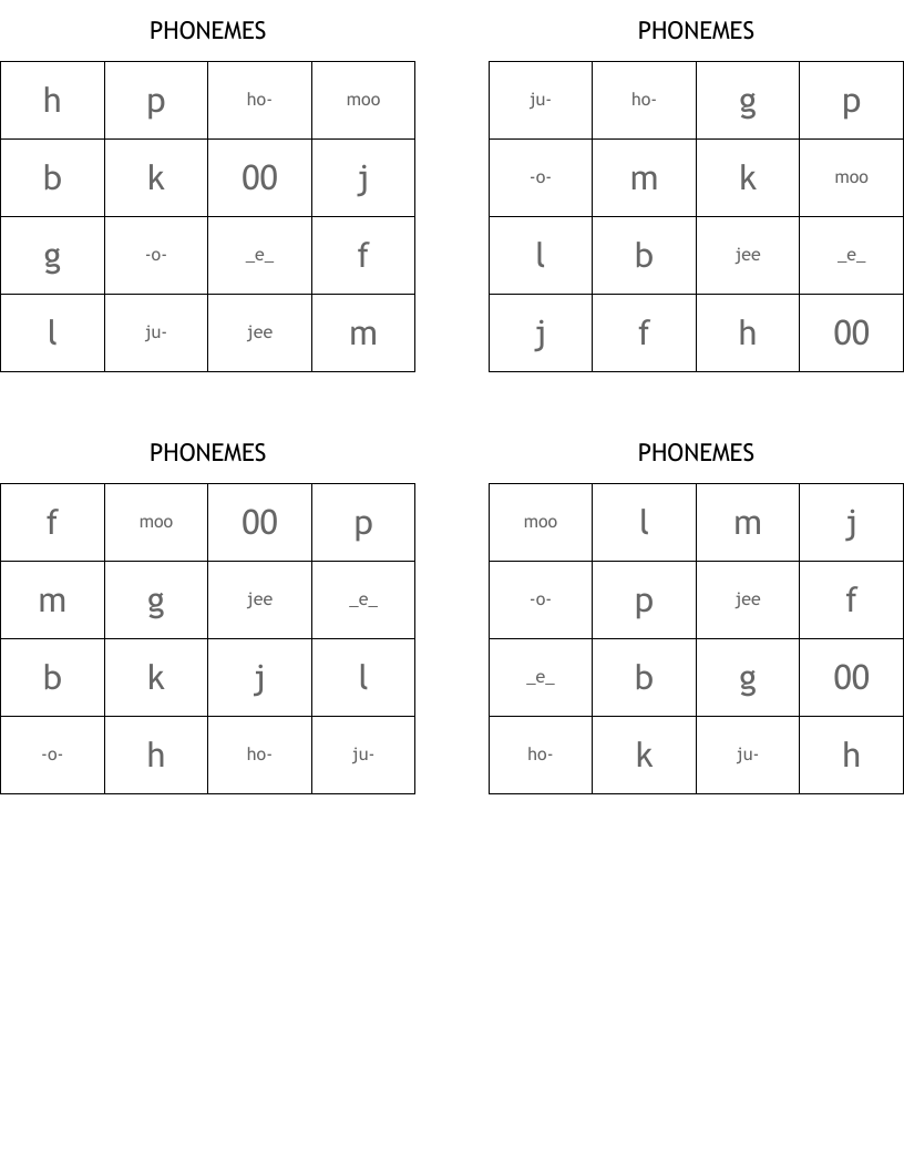 PHONEMES Bingo Cards