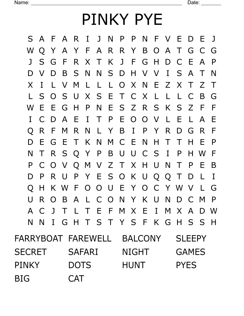 PINKY PYE Word Search