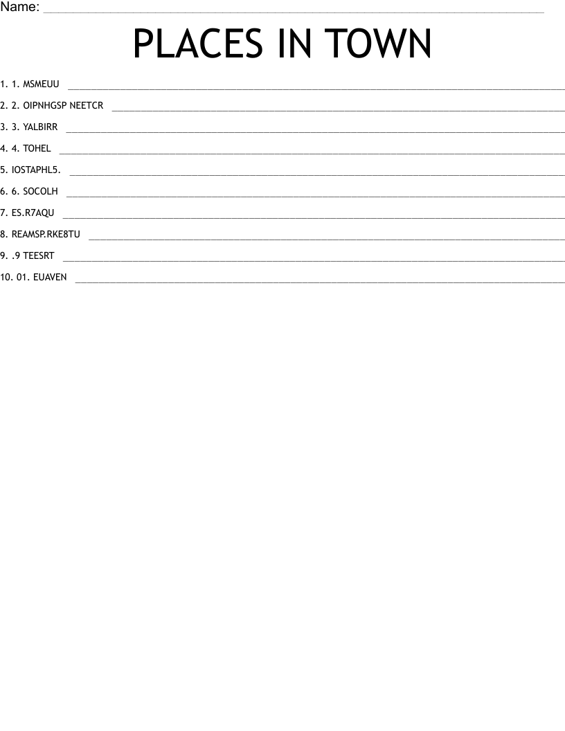 PLACES IN TOWN Word Scramble