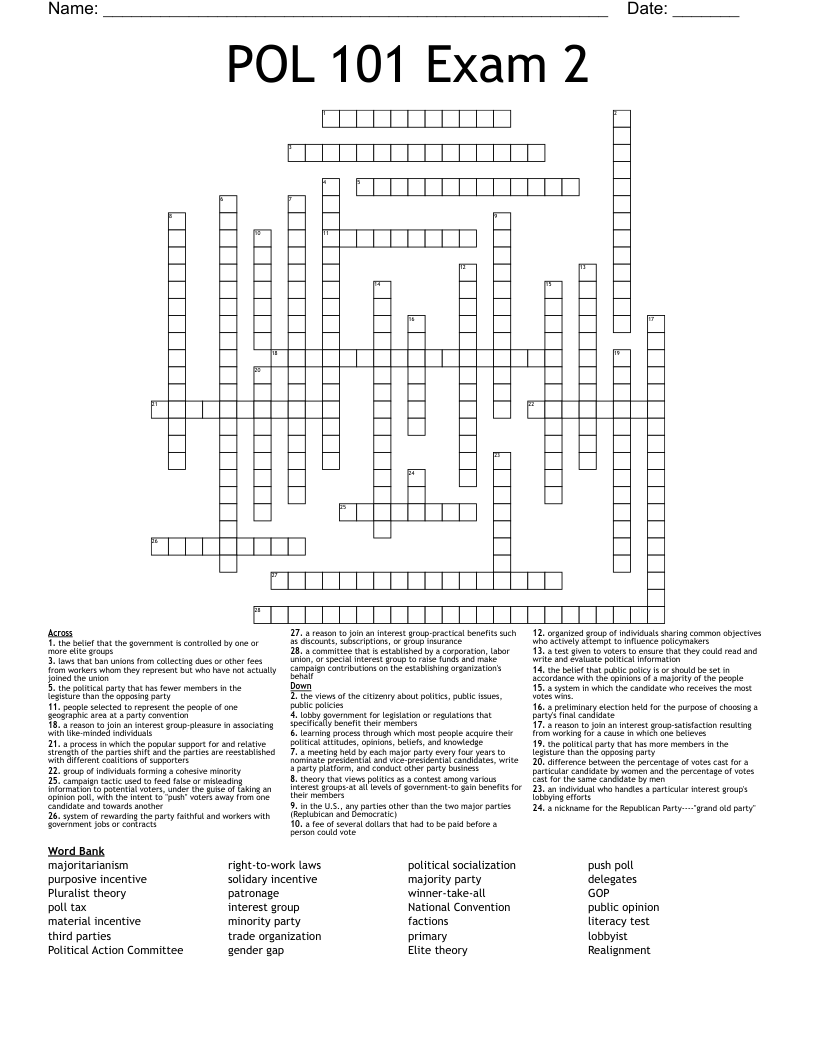 POL 101 Exam 2 Crossword