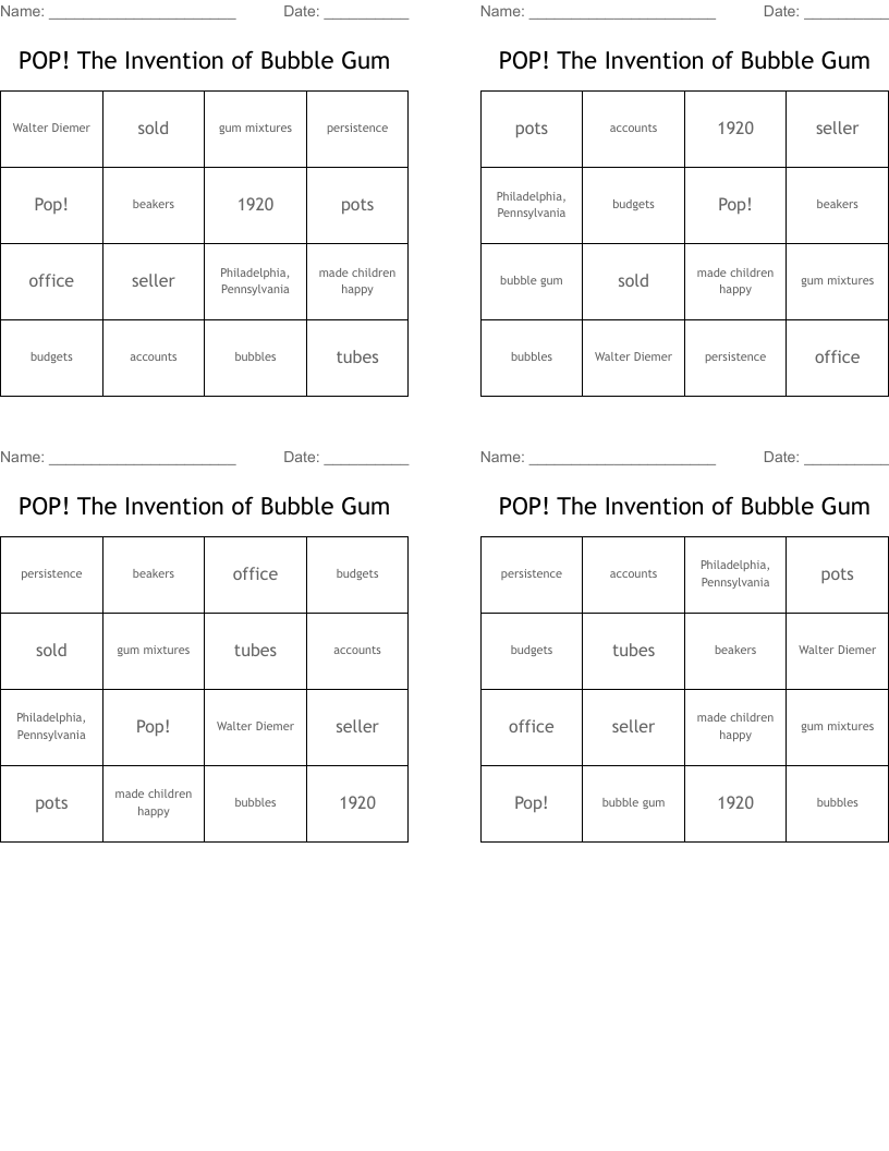 POP! The Invention of Bubble Gum Bingo Cards WordMint