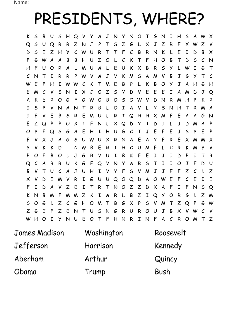 PRESIDENTS, WHERE? Word Search