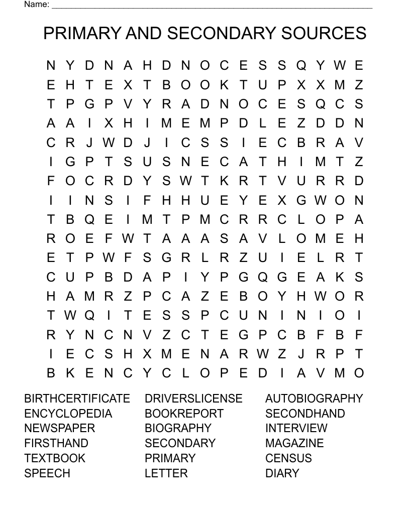 PRIMARY AND SECONDARY SOURCES Word Search WordMint