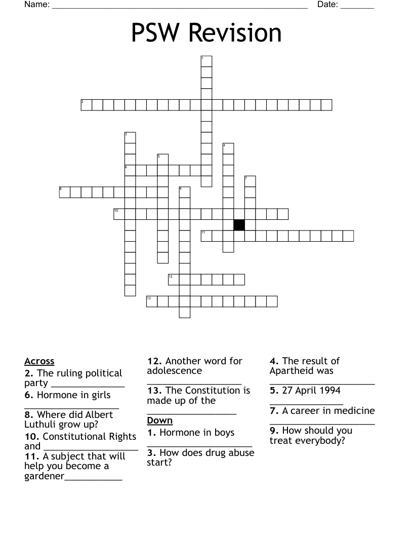 PSW Revision Crossword