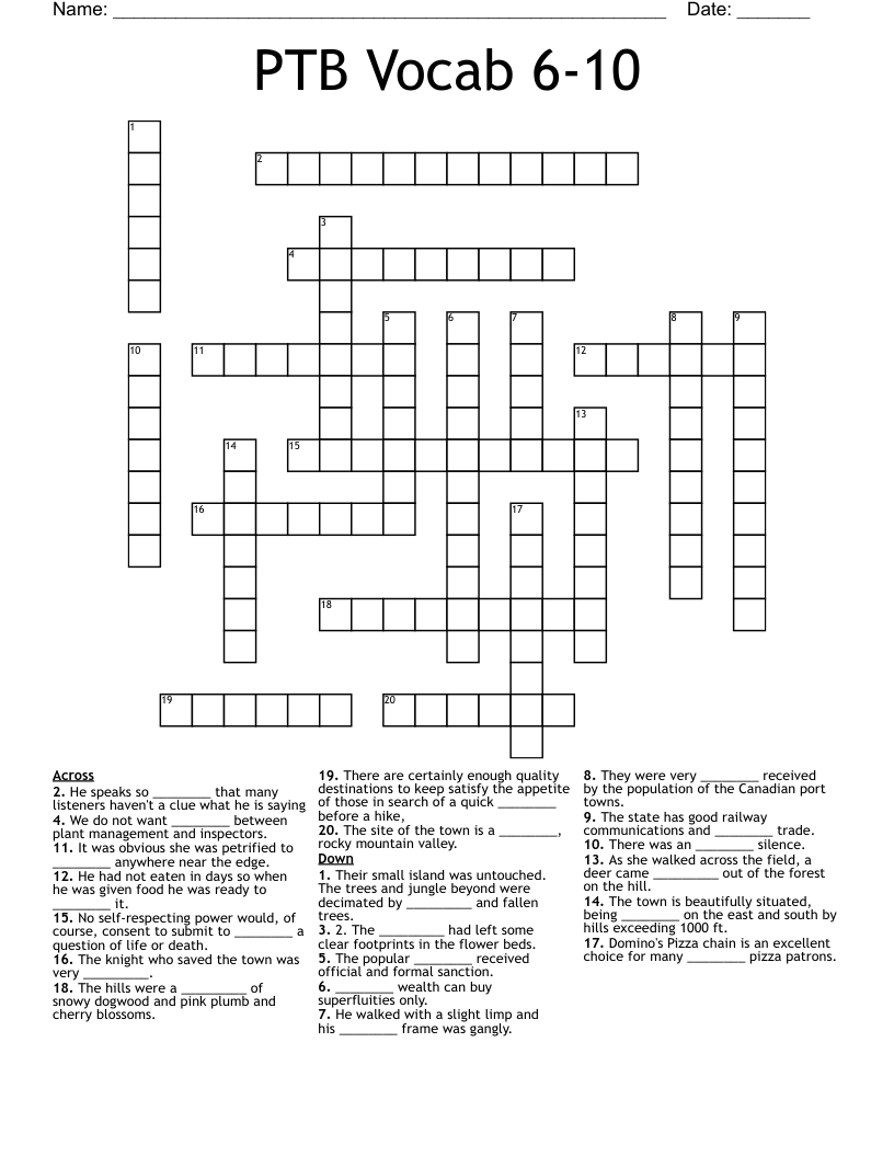 PTB Vocab 6-10 Crossword