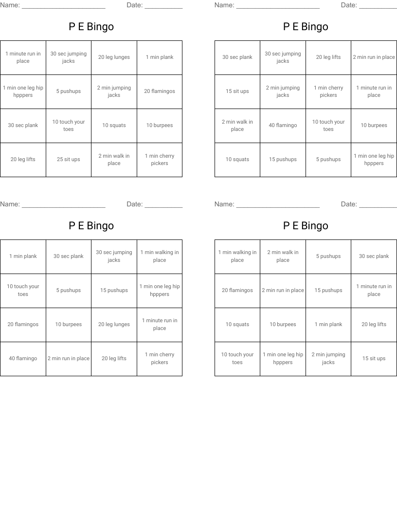 P E Bingo WordMint