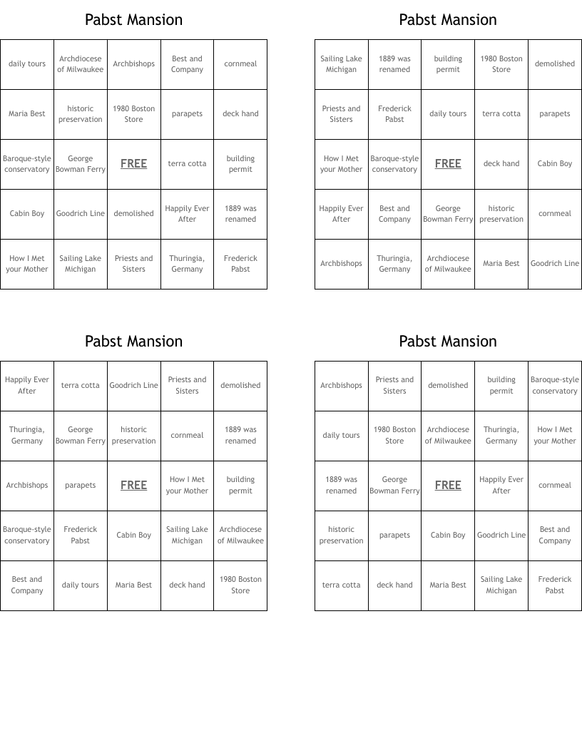 Pabst Mansion Bingo Cards