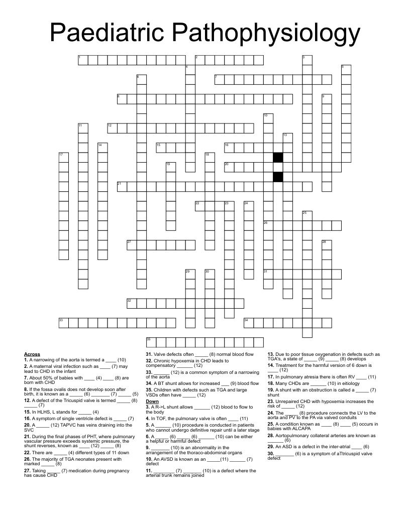 Paediatric Pathophysiology Crossword