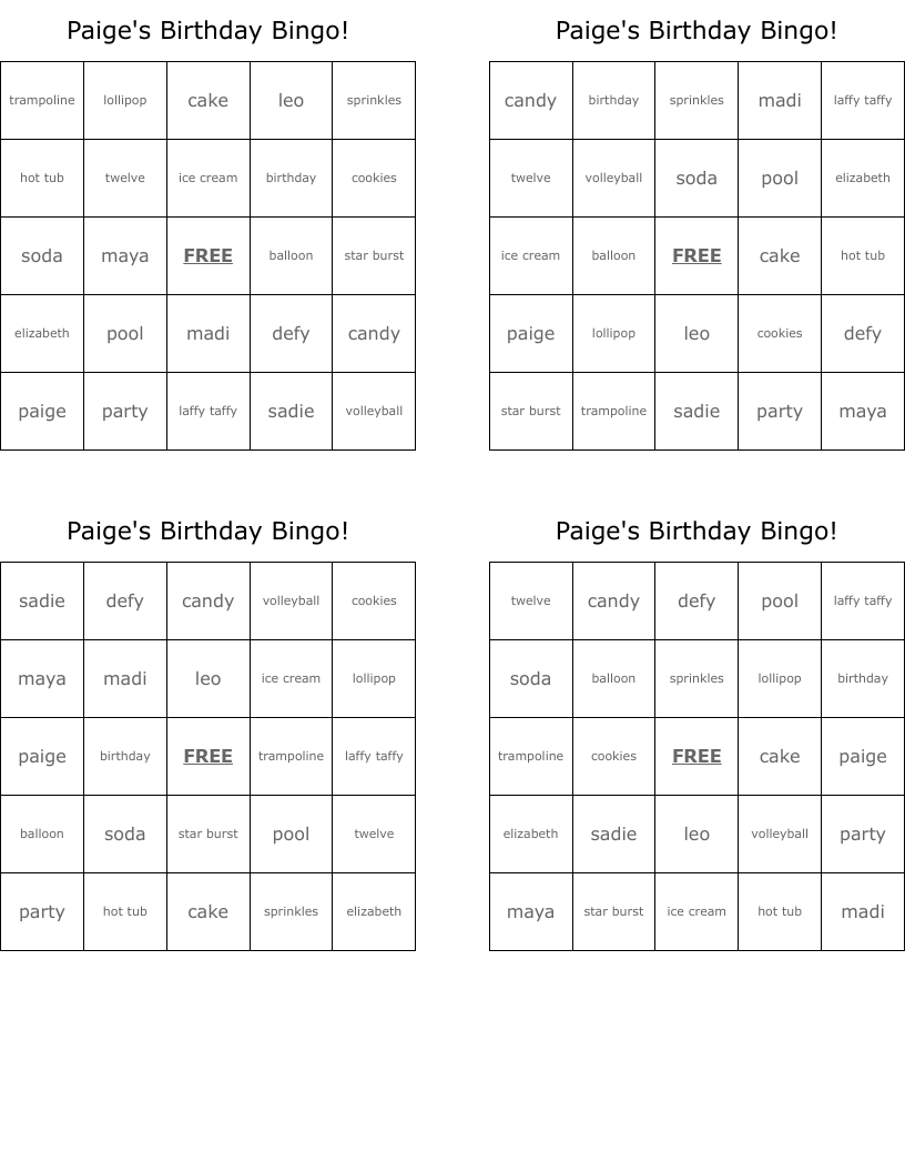 Paige's Birthday Bingo!