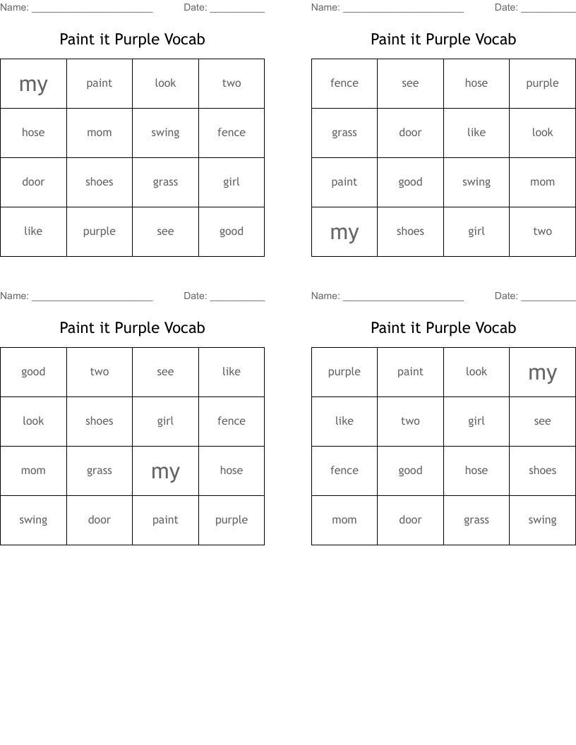 Paint it Purple Vocab Bingo Cards