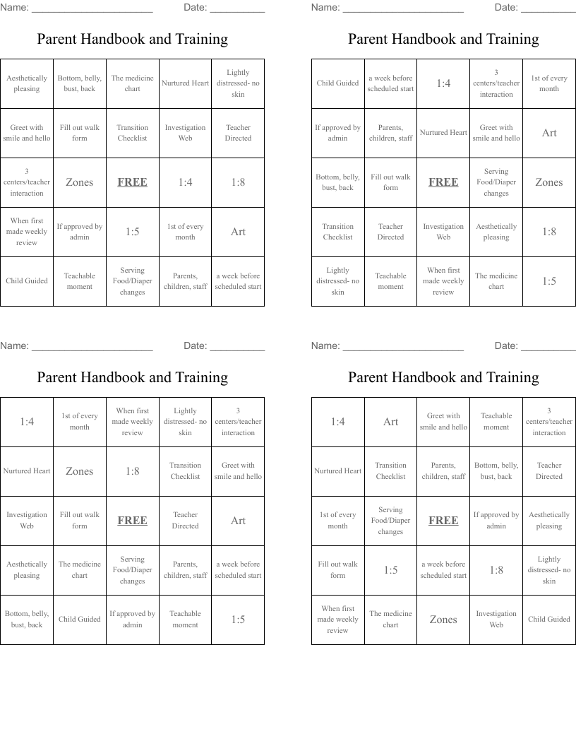 Parent Handbook and Training Bingo Cards