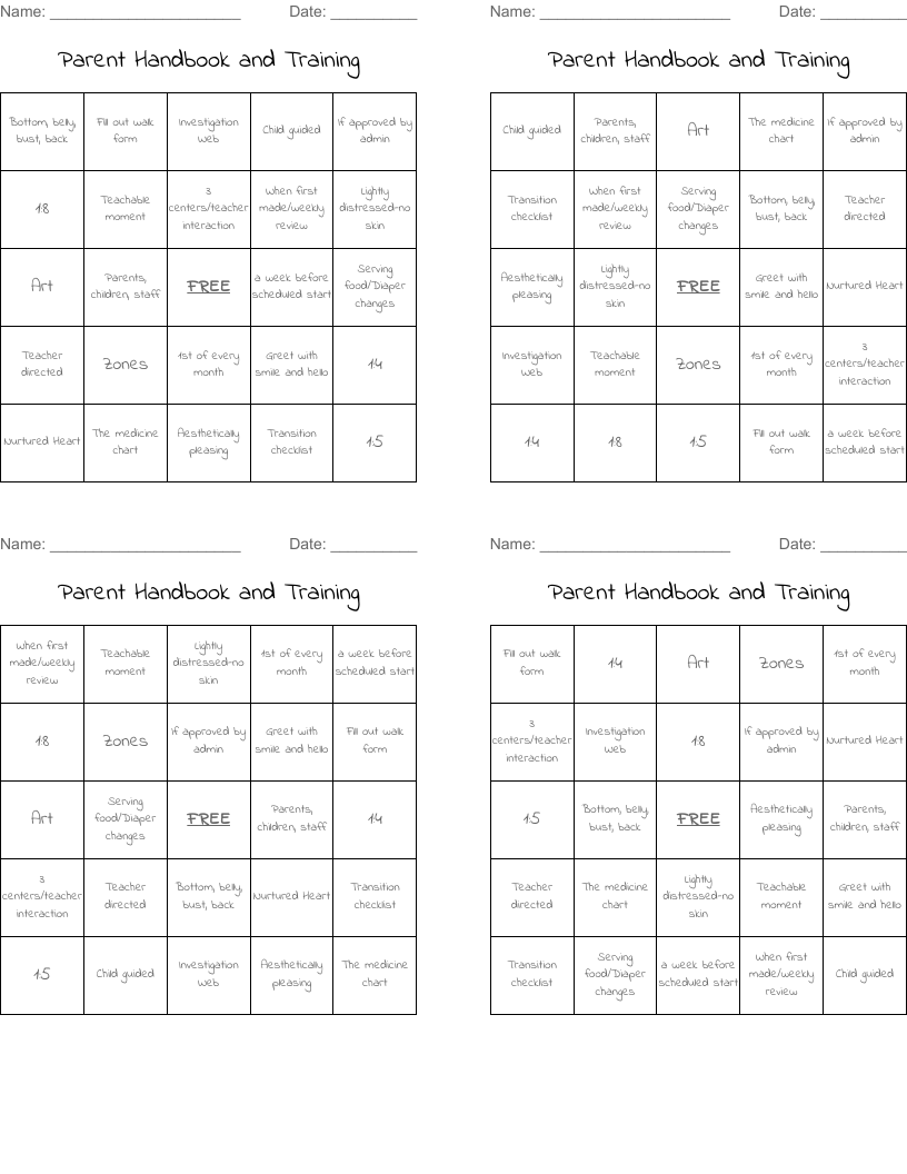 Parent Handbook and Training Bingo Cards