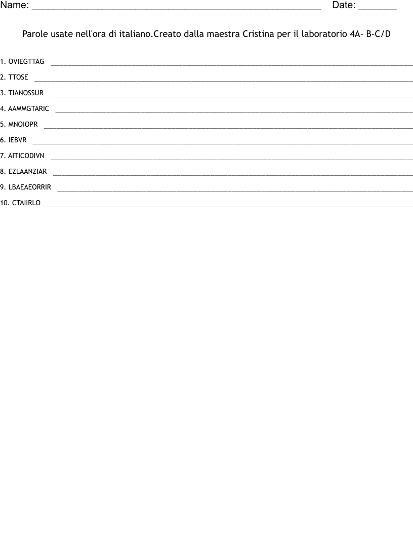 Parole usate nell'ora di italiano.Creato dalla maestra Cristina per il laboratorio  4A- B-C/D Word Scramble