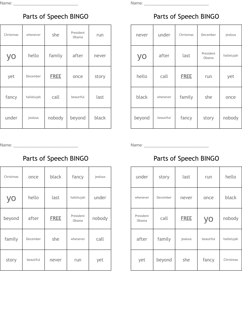 Parts of Speech  BINGO 
