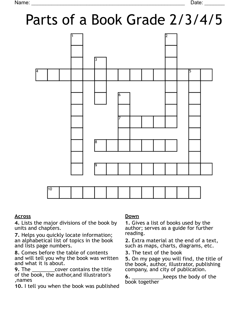 Parts Of A Book Grade 2 3 4 5 Crossword WordMint