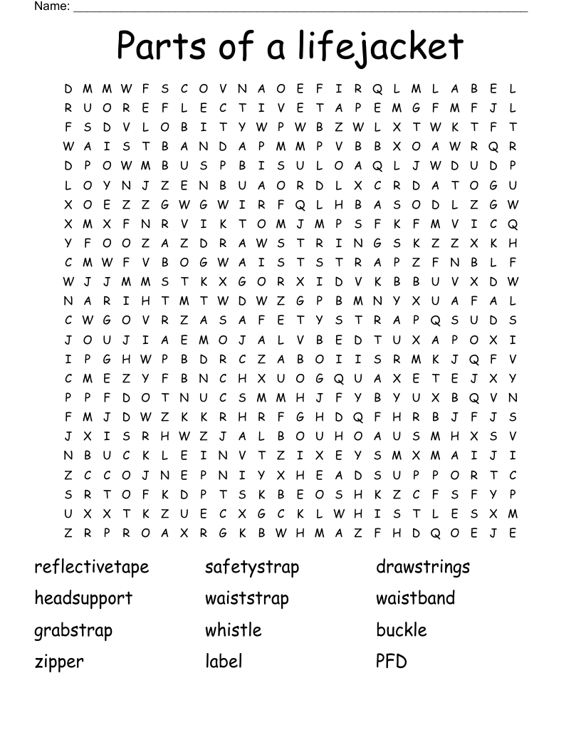 Parts of a lifejacket Word Search