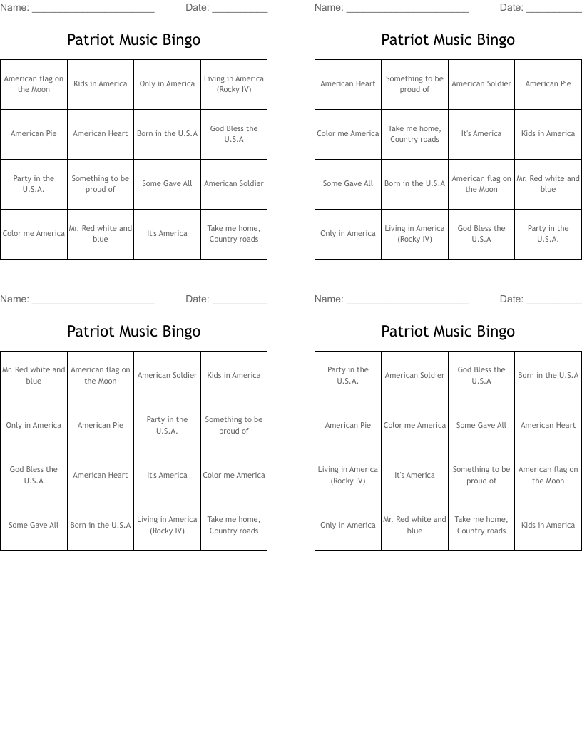 Patriot Music Bingo WordMint