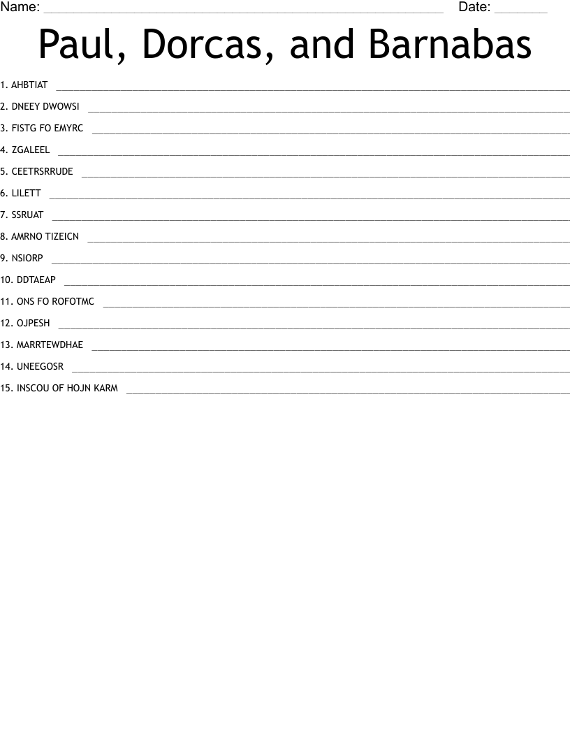 Paul, Dorcas, and Barnabas Word Scramble